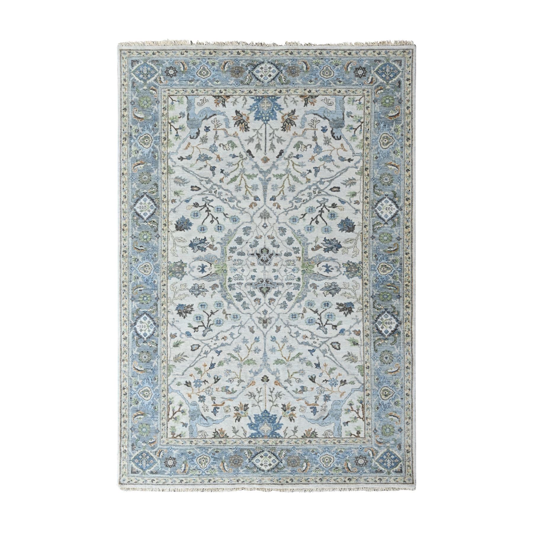 6'x8'10" Oyster Gray, Soft Pile, Denser Weave, Oushak with Floral Motifs, Hand Knotted, Pure Wool, Oriental Rug 